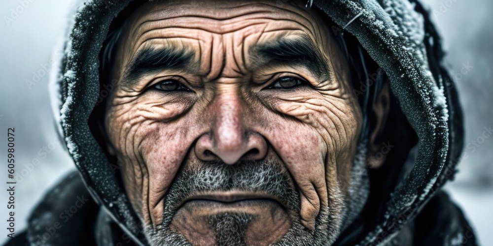 Senior inuit elderly man at winter in snow. Ai generative