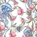Seamless pattern jellyfish, butterfly, cicada, peony isolated on white. Watercolor hand drawing illustration. Art design