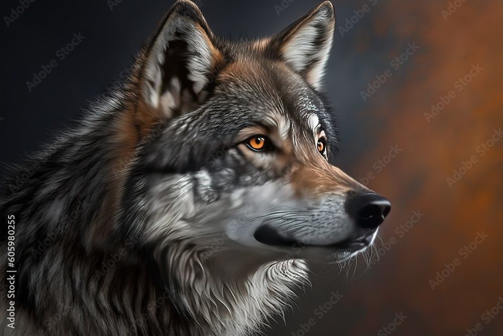 A grey wolf Canis lupus, hyperrealism, photorealism, photorealistic