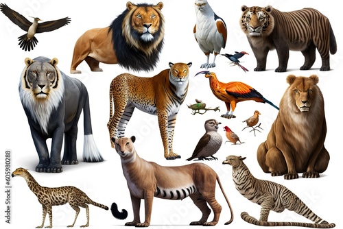 Big set of wild animals isolated on white background, hyperrealism, photorealism, photorealistic