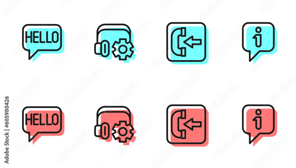 Set line Incoming call phone, Hello different languages, Headphoneswith settings and Information icon. Vector Set line Incoming call phone, Hello different languages, Headphoneswith settings and Information icon. Vector