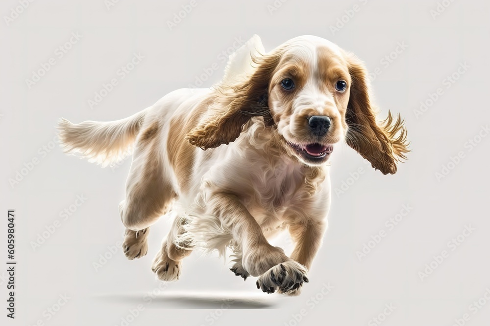 Pure youth crazy. English cocker spaniel young dog is posing. Cute playful white - braun doggy or pet is playing and looking happy isolated on white background