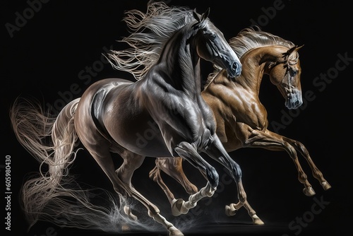 Horses in motion isolated on black background  hyperrealism  photorealism  photorealistic