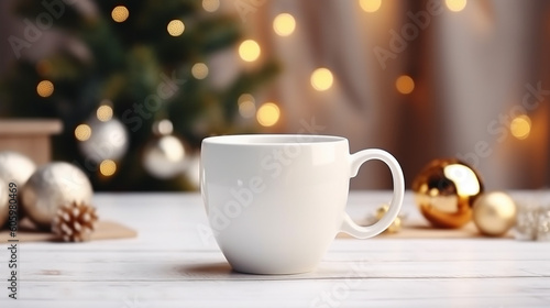 White ceramic coffee cup with christmas tree on bokeh background. mockup for creative advertising text message or promotional content. Generative AI © Lalaland
