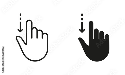 Drag Down, Hand Finger Swipe Line and Silhouette Black Icon Set. Pinch Screen, Rotate Touch Screen Pictogram. Gesture Slide Down Symbol Collection on White Background. Isolated Vector Illustration