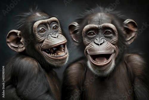 Two chimpanzees have a fun. , hyperrealism, photorealism, photorealistic © abstract Art