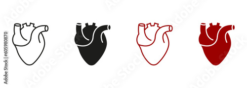 Healthy Cardiovascular Organ Symbol Collection on White Background. Human Heart, Cardiac Muscle Line and Silhouette Color Icon Set. Medical Cardiology Pictogram. Isolated Vector Illustration