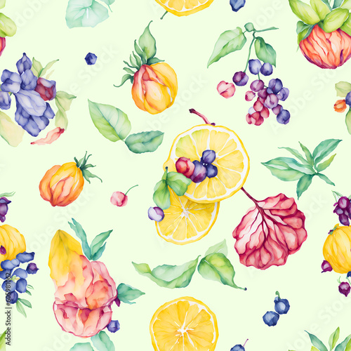 Fototapeta Naklejka Na Ścianę i Meble -  Seamless pattern with watercolor tropical flowers and fruits