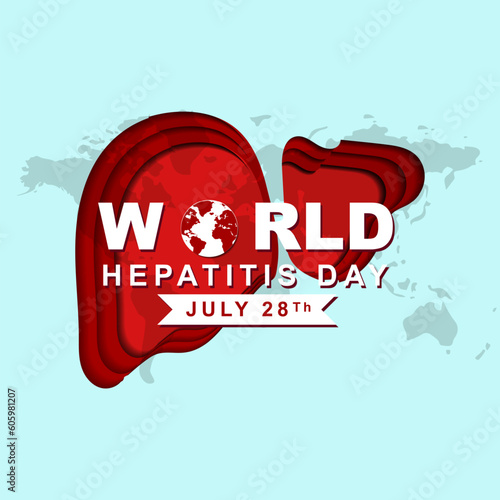 World hepatitis day on 28 july, greeting card banner design in paper cut style with heart decoration and world map