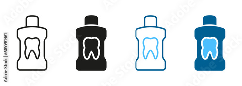 Mouth Wash Bottle for Clean and Freshness Symbol. Dentistry Oral Rinse. Mouthwash Silhouette and Line Icon Set. Dental Hygiene Black and Color Pictogram. Isolated Vector Illustration