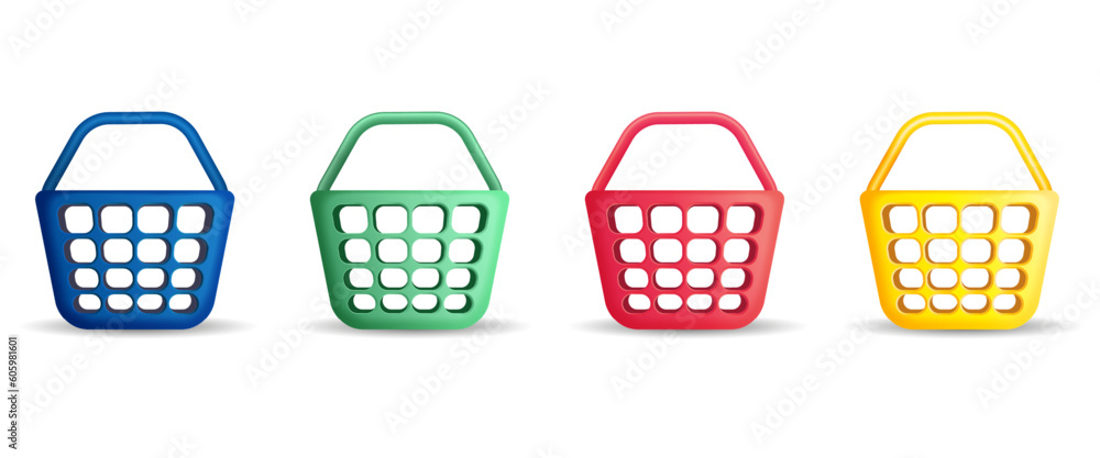 Empty shopping baskets blue, green, red, yellow on white background Empty shopping baskets blue, green, red, yellow on white background