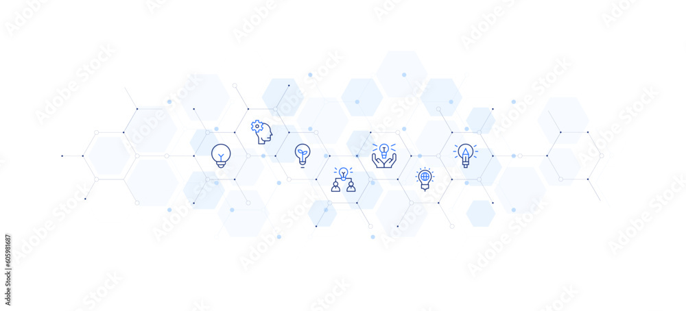 Idea banner vector illustration. Style of icon between. Containing idea, develop, light bulb, teamwork, lightbulb.
