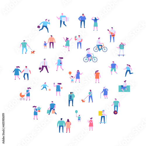 Tiny people group. Different tiny people characters. Flat vector illustration isolated on white..