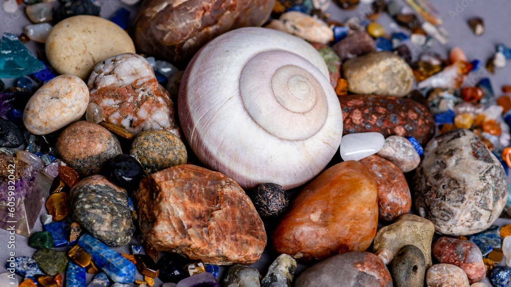 Closeup of a heap of rocks, crystals, and a snail shell. Holistic Medicine concept.