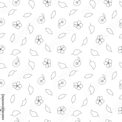 Pattern with apple fruit  flower and leaves without background