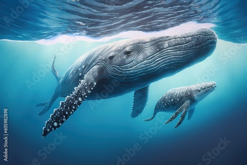 Humpback whale( Megaptera novaeangliae) and calf in the waters of Tonga, hyperrealism, photorealism, photorealistic © abstract Art