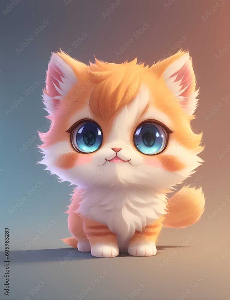 3D Illustration of Very Cute Cat, Chibi Character, Simple Background, Kids Cartoon Cats, Generative AI