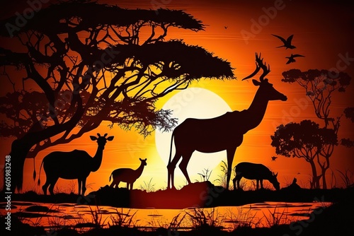 Savanna animals on a background of a sunset sun. Silhouettes of wild animals of the African savannah. African landscape with animals and trees at sunset  hyperrealism  photorealism  photorealistic