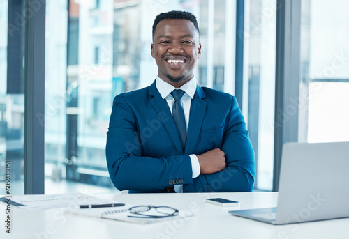 Smile, laptop and portrait of black man in office for research, corporate business and schedule. Planning, happy and networking with male employee at desk for digital, entrepreneur and advisor