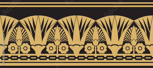 Vector golden seamless Egyptian border. Endless ornament of Ancient Africa. Pattern of lotus flowers and sun..