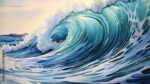 Sea wave watercolor illustration. Generative AI