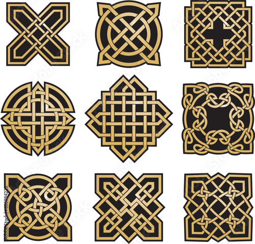 Vector set of gold and black celtic knots. Ornament of ancient European peoples. The sign and symbol of the Irish, Scots, Britons, Franks.