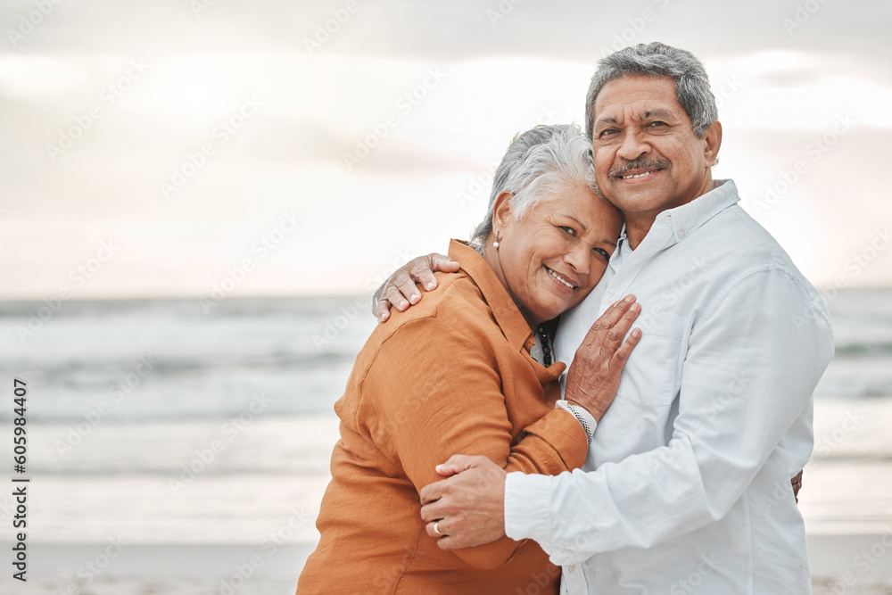 Obraz premium Love, hug and portrait of old couple on beach for romance, bonding and travel. Vacation, retirement and care with senior man and woman hugging together on date for peace, mockup space and happiness