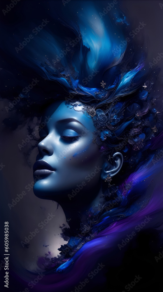 Art portrait of a woman with golden fantasy make up and hair, Realistic 3D, Midnight Sky Concept, Abstract Background Generative AI