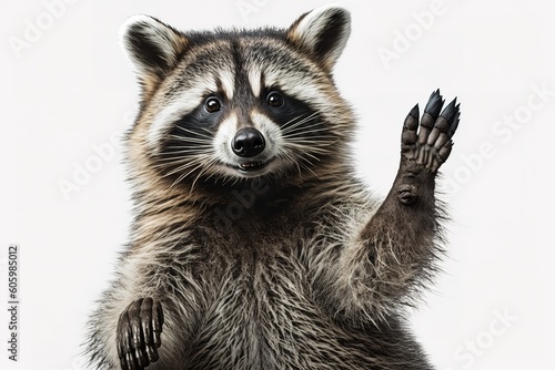 Portrait of a funny raccoon showing a rock gesture isolated on white background. JPG, hyperrealism, photorealism, photorealistic