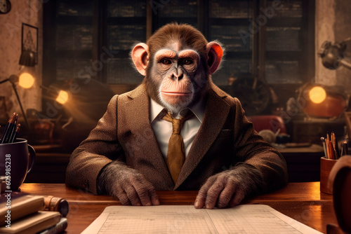 Monkey Boss sitting in chair in office . AI generative