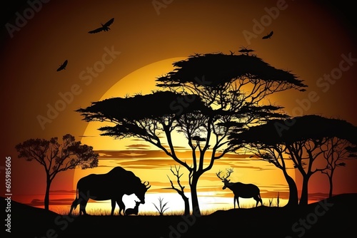 Savanna animals on a background of a sunset sun. Silhouettes of wild animals of the African savannah. African landscape with animals and trees at sunset  hyperrealism  photorealism  photorealistic