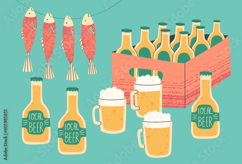 Fair of local products. Local or craft beer. Bottles of beer in a box and mugs for tasting. Vector isolated elements with textures.