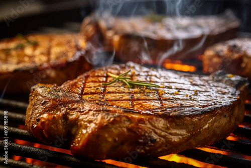 Delicious grilled beef steak with crosshatch pattern on a rack cooked on open fire. Traditional American cuisine holiday food concept