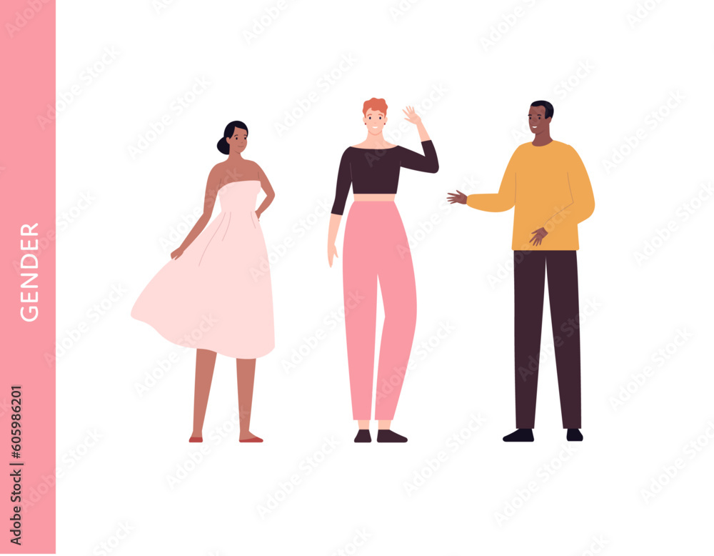 Diversity and inclusion concept. Vector flat character illustration set. Group of various gender person. Male, female and transgender in casual cloth, dress isolated on white background.