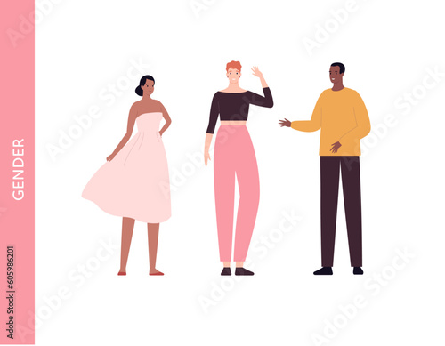 Diversity and inclusion concept. Vector flat character illustration set. Group of various gender person. Male, female and transgender in casual cloth, dress isolated on white background.
