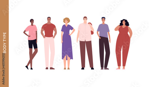 Diversity and inclusion concept. Vector flat character illustration set. Multi ethnic, different skin tone and body type cheerful group of male and female people ic casual clothing. Design element