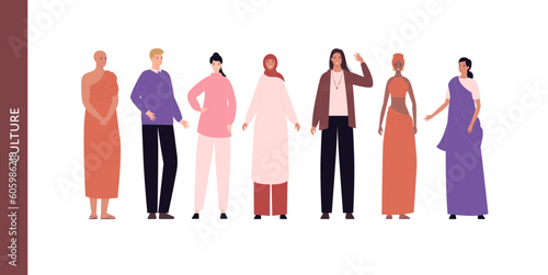 Diversity and inclusion concept. Vector flat character illustration set. Group of multi cultural person. Male, female in tradition ethnic cloth. Sari, buddhist, caucasian, muslim hijab, african woman.