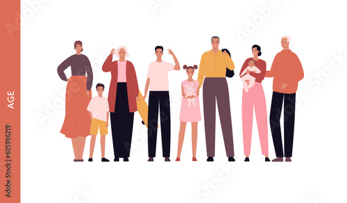 Diversity and inclusion concept. Vector flat character illustration set. Group of different age person. Male, female boy, girl, adult, grandmother and father in casual clothing. Various skin color
