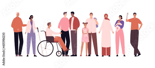 Diversity and inclusion concept. Vector flat character illustration. Group of cheerful people in line of different culture, ethnic, body type, gender, sexual orientation, age. Male and female person