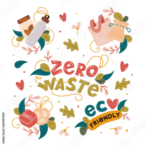 A set of painted objects for life in the style of zero waste. Eco friendly alternatives to disposable and non-eco-friendly things of everyday life.