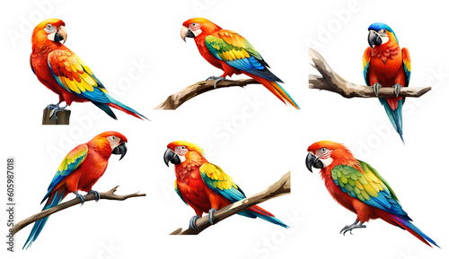 Set of watercolour parrots. Generative Ai