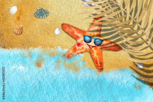 Watercolor illustration top view starfish sand beach ,shells,blue wave.Beautiful postcard or background.