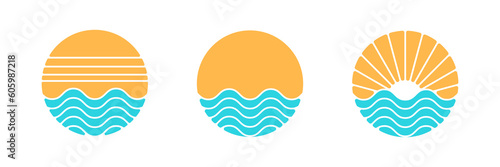 Logo collection of sunset retro design. Vintage graphic of sun dipped in sea ocean. 80s 90s summer poster element vector illustration