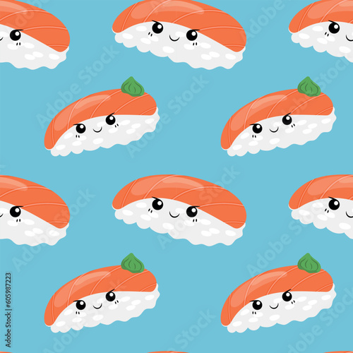 Seamless sushi pattern with cute faces