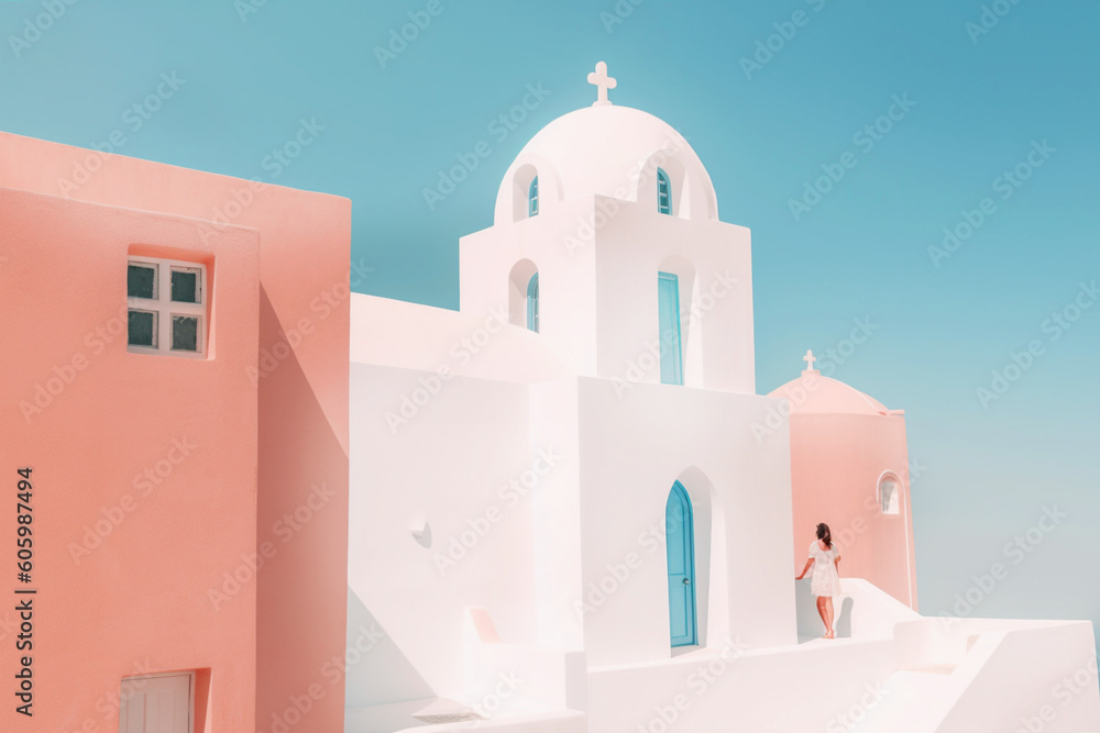 Santorini, greek tourist destination. Oia village with traditional white houses overlooking sea. Generative AI content