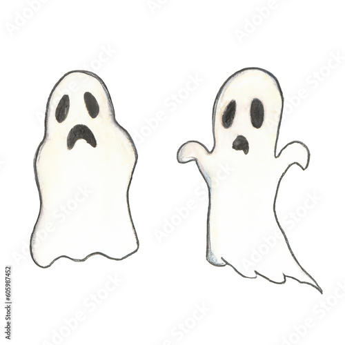 Two floating white ghosts watercolor style isolated on transparency png file generative ai illustration photo