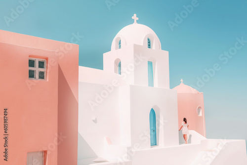 Santorini, greek tourist destination. Oia village with traditional white houses overlooking sea. Generative AI content