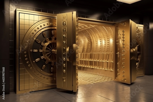 Inside the golden bank vault with open door. Vault for gold, currency, jewelry storage. Generative AI