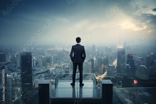 Fototapeta Business man with suit standing in grace pose and looking to dark cityscape background during night or late evening