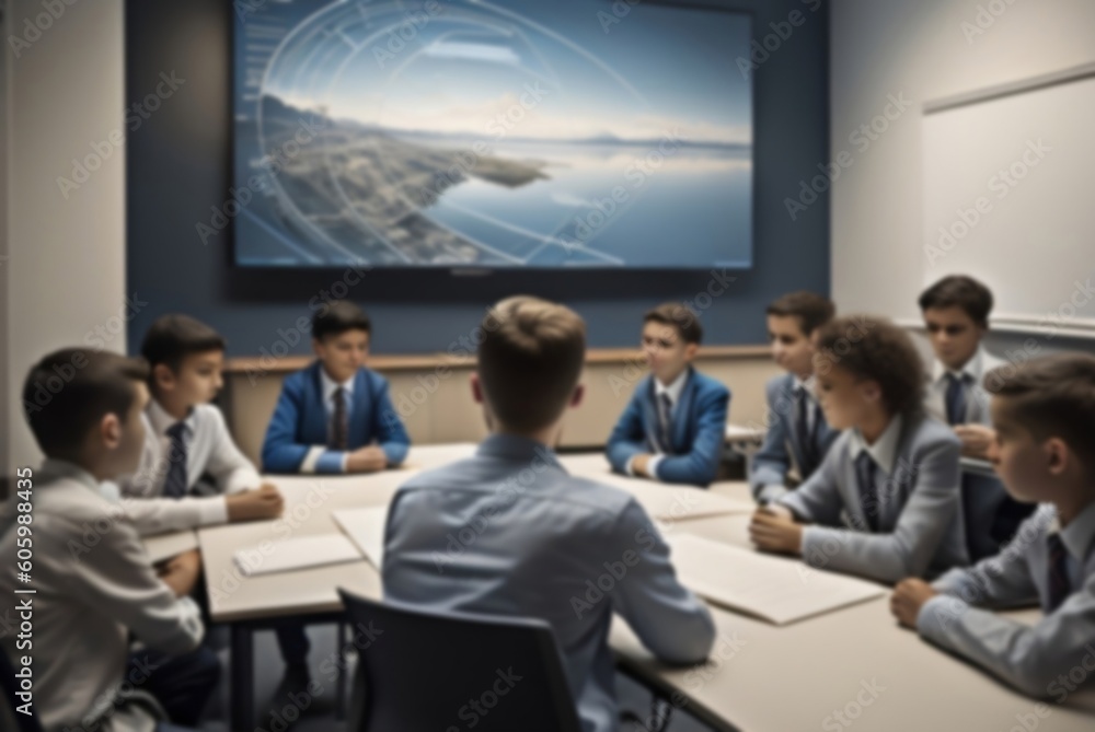 Blurred students study in a modern classroom with a teacher. Teaching room. Generative Ai.